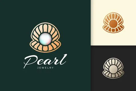 Luxury shell or clam logo with pearl gem for jewelry or beauty brand Stock Illustration