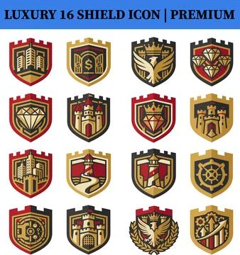 Luxury shield icon set with crown diamond and castle graphics Stock-Illustration