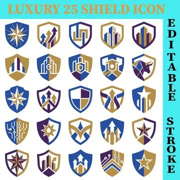 Luxury shield icon set with editable strokes and geometric designs Stock Illustration