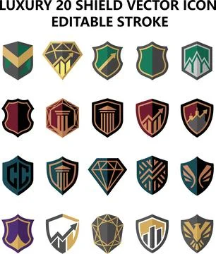 Luxury shield vector icon collection featuring editable stroke designs Stock Illustration