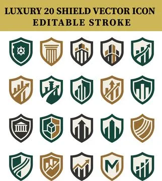 Luxury shield vector icon set with twenty editable stroke graphics Stock Illustration