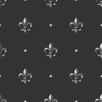 Luxury Silver Fleur-de-Lis Seamless Pattern on Black Background, Vector イラスト素材