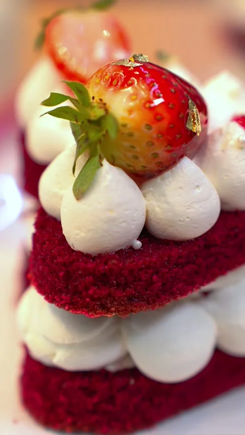 Luxury Single Serving Red Layer Cake with Cream and Gold Leaf Strawberry Stock Footage 334820762