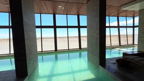 Luxury spa interior overlooking the Salar de Uyuni salt flat, Bolivia Stock Footage 339833320
