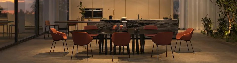 Luxury studio kitchen and dining room with night lighting. Windows overlooking Illustration
