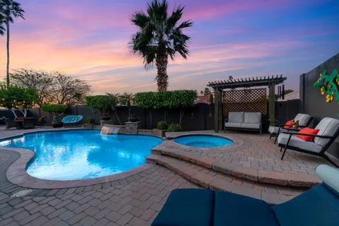 Luxury sunset pool Stock Photos