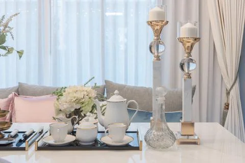 Luxury table set on dinnig table in dining room Stock Photos