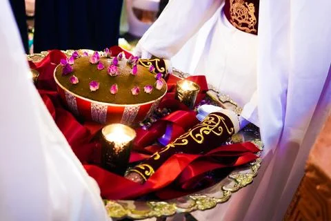 Luxury Table Setting with Decorative Spoons at Moroccan Wedding Reception Stock Photos