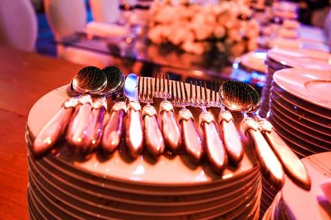 Luxury Table Setting with Decorative Spoons at Moroccan Wedding Reception Stock Photos