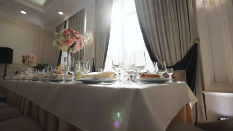 Luxury table settings for fine dining with and glassware, beautiful background Stock Footage 196004866