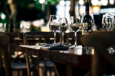 Luxury table settings for fine dining with and glassware, beautiful blurred   Stockfoto's
