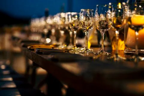 Luxury table settings for fine dining with and glassware, beautiful blurred   Stockfoto's