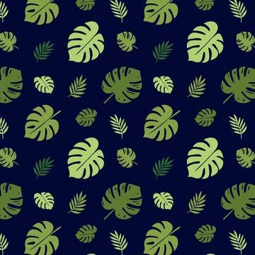 Luxury Tropical Leaf Seamless Pattern with Monstera Palm on Dark Blue Backg.. Illustrazione stock