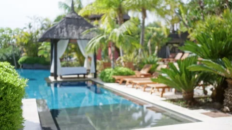 Luxury tropical resort with blurred poolside scene showcasing lush greenery.. Stock Footage 312376197