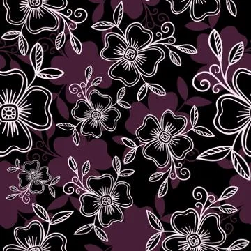 Luxury Vector seamless pattern - graphic flowers with leaves in violet colors Stock Illustration