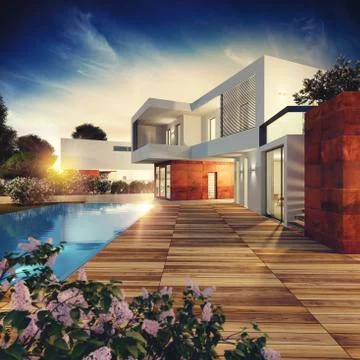 Luxury villa project. 3D rendering Ilustración de archivo