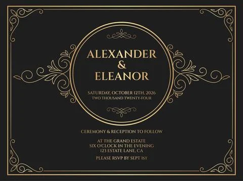 Luxury wedding invitation template with elegant floral gold frame Stock Illustration