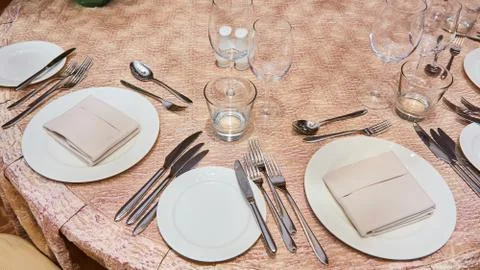 The luxury wedding reception dinner table setup Stock-Fotos