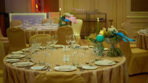 The luxury wedding reception dinner table setup Stock-Fotos