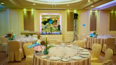 The luxury wedding reception dinner table setup Foto stock
