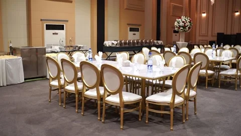 Luxury Wedding Reception Interior with Elegant Table Settings Stock Footage 345228664