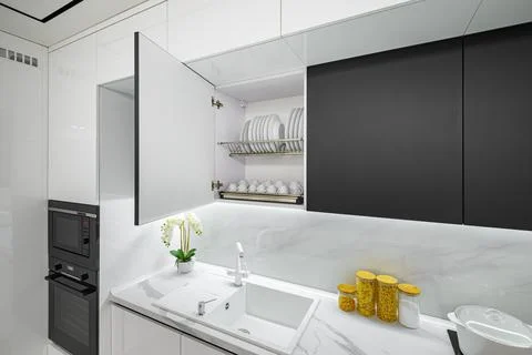Luxury white and black modern marble kitchen Stock Photos