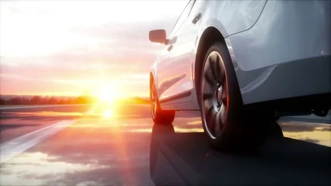 Luxury white car on highway, road. Very fast driving. Wonderfull sunset. Stock Footage