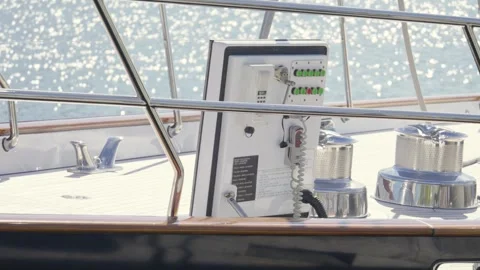 Luxury yacht deck anchor windlass winches and control panel Stock Footage 341791953