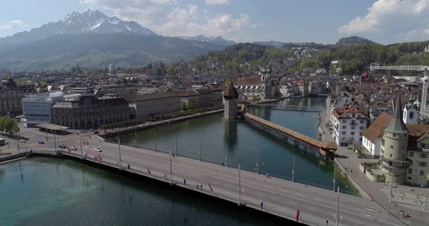 Luzern empty bridge approach. Coronavirus time - Aerial 4K Stock Footage 128819256