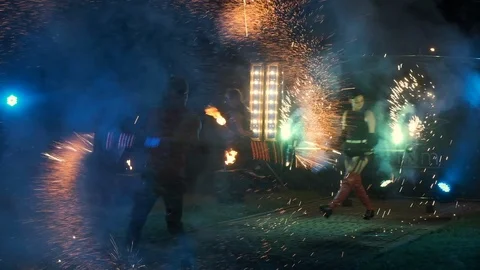 Lviv 2018.08.04. Fire Show. Performance Of Young People Showing Tricks With Fire Stock Footage 110341127