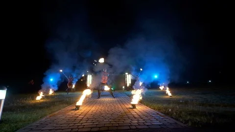 Lviv 2018.08.04. Fire Show. Performance Of Young People Showing Tricks With Fire Stock Footage 110745002