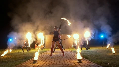 Lviv 2018.08.04. Fire Show. Performance Of Young People Showing Tricks With Fire Stock Footage 110745160