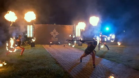 Lviv 2018.08.04. Fire Show. Performance Of Young People Showing Tricks With Fire Stock Footage 110745207