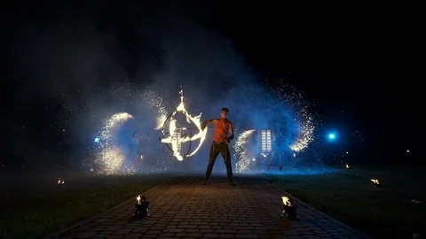 Lviv 2018.08.04. Fire Show. Performance Of Young People Showing Tricks With Fire Stock Footage 110746278