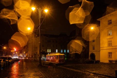 Lviv during partial blackout after  Russian missile attack Stock Photos