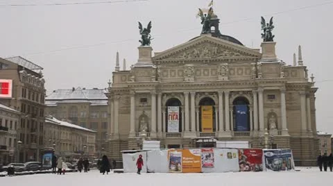 Lviv Opera House in winter Stock Footage 18188327