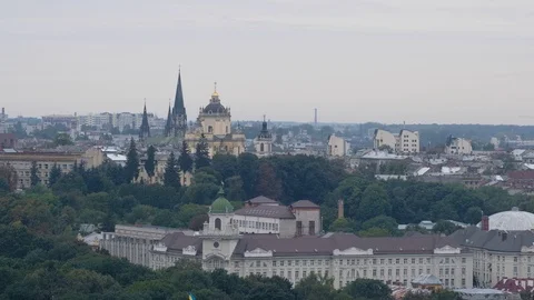 Lviv top view on the St. George Cathedral and Church of Sts. Olha and Elizabeth. Stock Footage 116548076