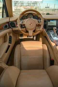 Lviv, Ukraine - May 19, 2018. Porsche Interior, Helm and Seat, White Car Stock Photos