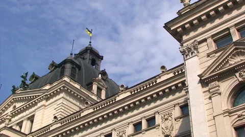 Lviv's opera house with flag Stock Footage 52030566