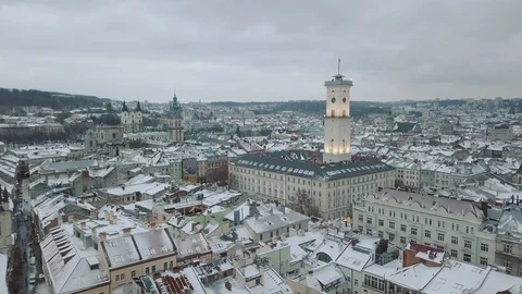 LVOV, UKRAINE - 25, December 2018. Panorama of the ancient city. Lviv Town Hall Stock Footage 100282853