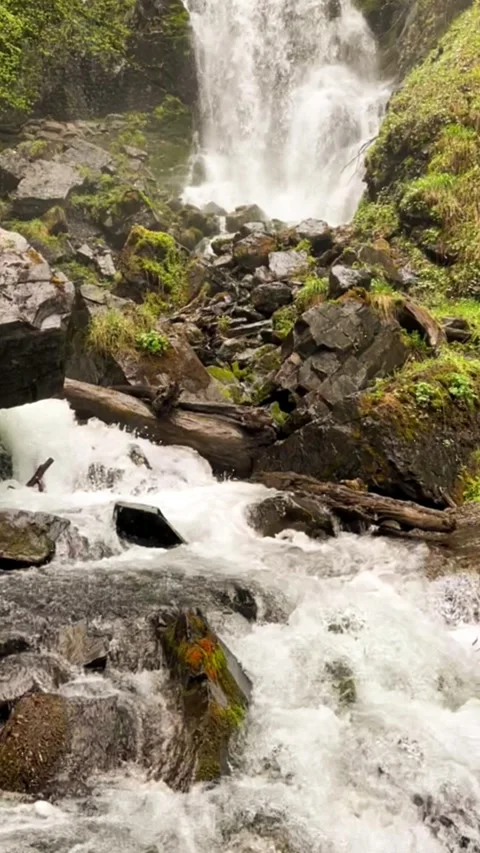 Lyazhginsky waterfall in the spring forest.  Stock Footage 273368681