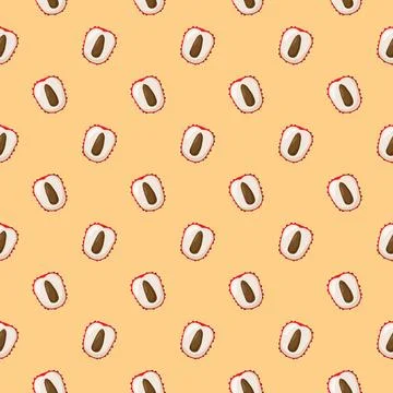 Lychee fruit flat seamless pattern on orange background. Stock Illustration