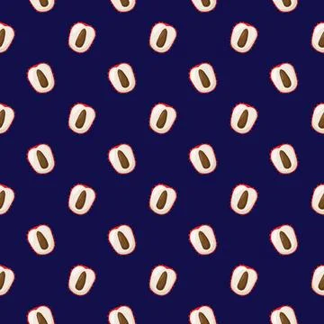 Lychee fruit flat seamless pattern on blue background. Stock Illustration