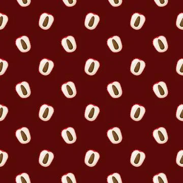 Lychee fruit flat seamless pattern on red background. Stock Illustration