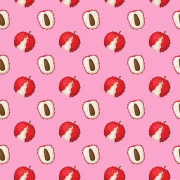 Lychee fruit flat seamless pattern on pink background. Stock Illustration
