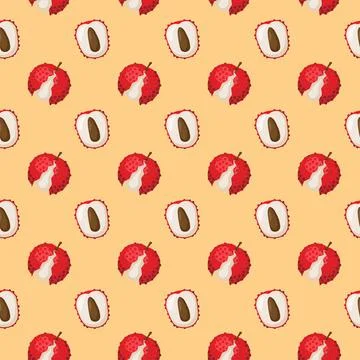 Lychee fruit flat seamless pattern on orange background. Stock Illustration