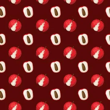 Lychee fruit flat seamless pattern on red background. Stock Illustration