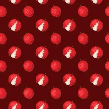 Lychee fruit flat seamless pattern on red background. Stock Illustration