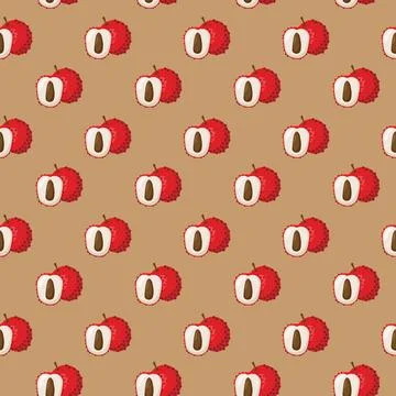 Lychee fruit flat seamless pattern on brown background. Stock Illustration