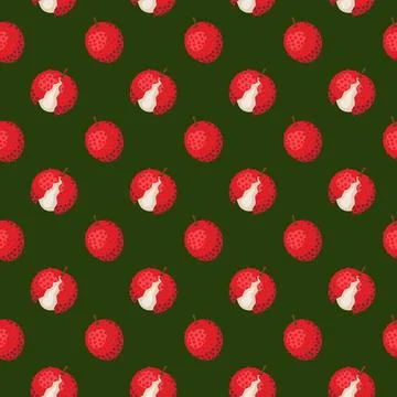 Lychee fruit flat seamless pattern on green background. Stock Illustration